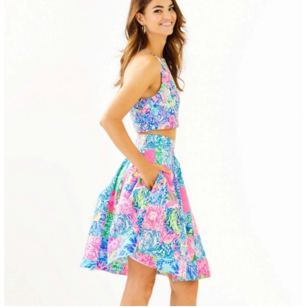Lilly Pulitzer 2 piece Navia Set Gold Lace crop top & midi full skirt pop up